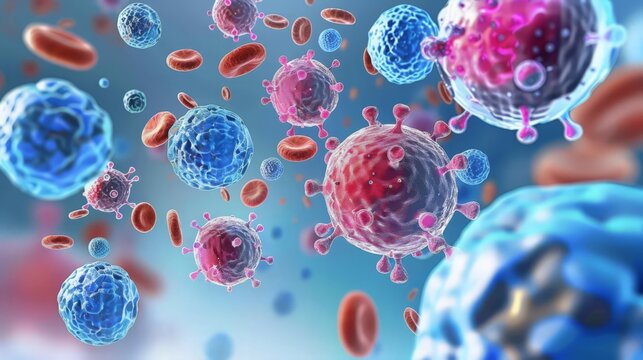 Immune cell response: Illustrate immune cells (e.g., T cells, B cells) within the body, explaining how they recognize and attack pathogens.