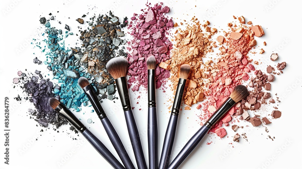 Aufkleber six makeup brushes lay on a white background with vibrant eyeshadow and blush scattered around them.