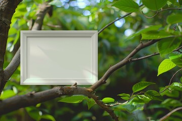 A white frame is placed in front of a green bush