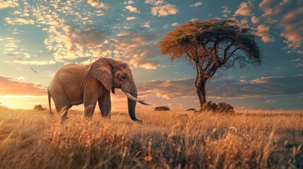 Fototapeta premium Elephant, Nature And Wildlife In Africa For Conservation With Animal In Natural Environment Or Habitat. Ecology, Game Or Safari And Tree On Landscape With Fauna