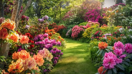 Fototapeta premium Beautiful flower garden, vibrant flower garden filled with a variety of colorful blooms