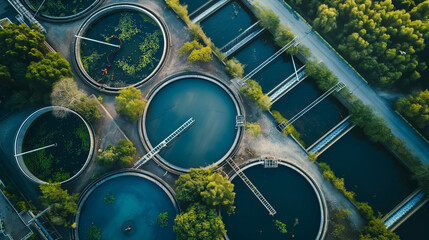 Aerial view of wastewater treatment plant, effluent and wastewater filtration. Industrial solutions for wastewater treatment and recycling