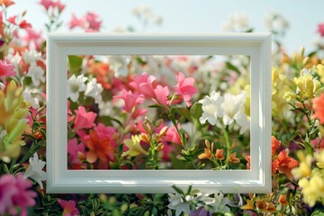 A white frame with a colorful flower garden in the background