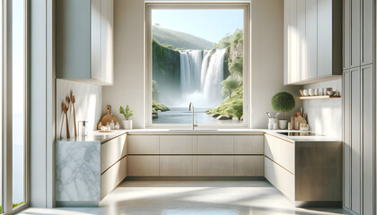 An interior design of a kitchen with a large window with a stunning view