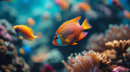 Obraz premium A school of colorful fish swimming in coral reefs