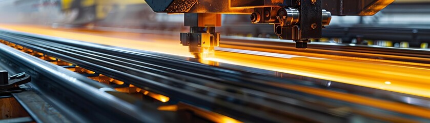 Advanced machinery cutting hot dip galvanized steel sheets, side view, showcasing precision engineering, scifi tone, splitcomplementary color scheme