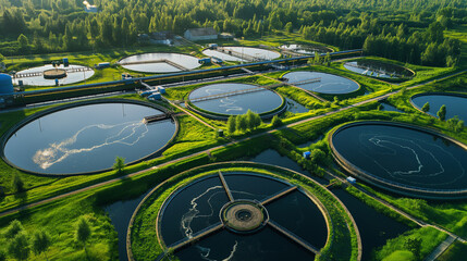 Aerial view of wastewater treatment plant, effluent and wastewater filtration. Industrial solutions for wastewater treatment and recycling