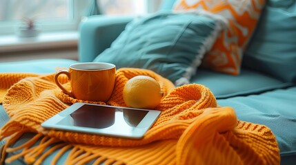 A tablet on a cozy coffee table