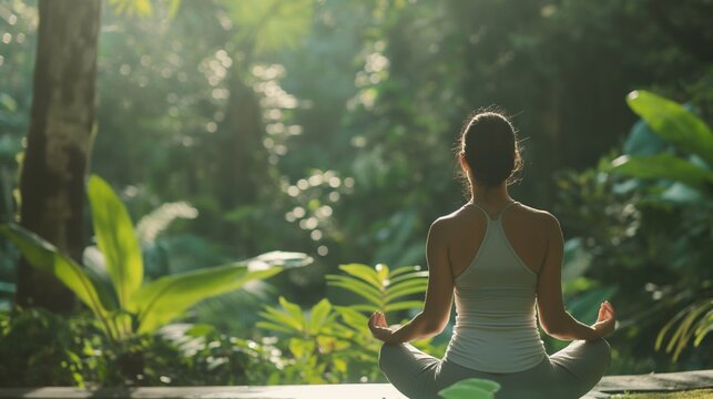Woman meditating in nature, A serene woman is meditating in a beautiful natural setting, surrounded by lush greenery