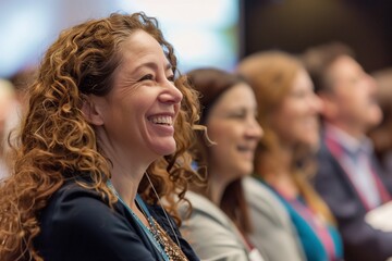 Obraz premium Smiling woman with curly hair attending a conference, surrounded by other attendees