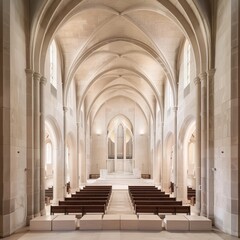 Fototapeta premium The interior of a modern stone church with a vaulted ceiling and rows of pews.