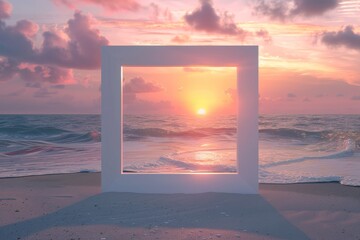 white frame is on the beach with the ocean in the background