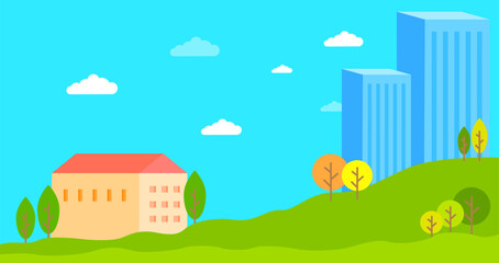 Naklejka premium Vector illustration in simple minimal geometric flat style - city landscape with buildings, hills and trees