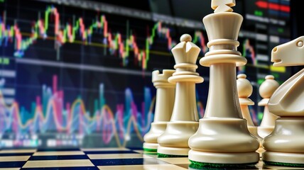 The chess pieces are placed on a chessboard. The background is a glowing image of stock market graphs.