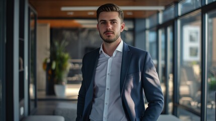 Fototapeta premium Stylish man in a suit, posing in a modern office, dressed in a well-tailored suit