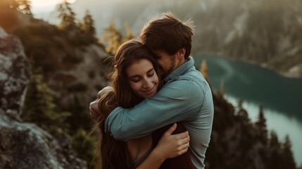 Fototapeta premium Couple in love, A young couple is embracing each other passionately, surrounded by a beautiful landscape
