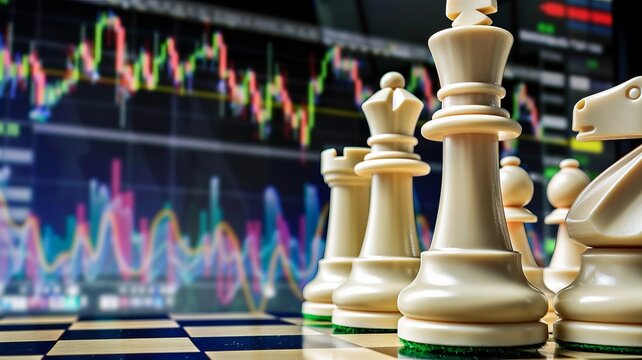 The chess pieces are placed on a chessboard. The background is a glowing image of stock market graphs.