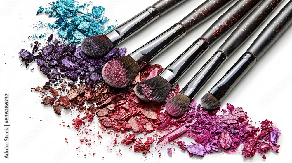Aufkleber makeup brushes with eyeshadow and blush on a white background. generative ai