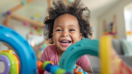 Child playing with a toy, A happy child is enjoying playing with a colorful toy, smiling and laughing