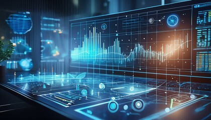 modern computer virtual dashboard analyzing finance sales data and economic growth graph chart and block chain technology
