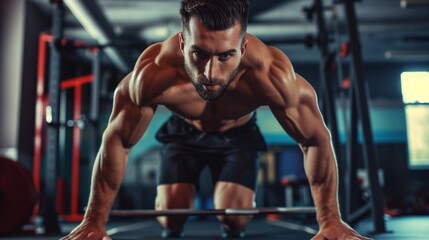 Fototapeta premium Fitness enthusiast working out, muscular man is performing a workout routine in a gym