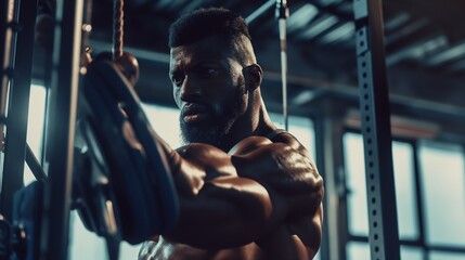 Fitness enthusiast working out, muscular African man is performing a workout routine in a gym