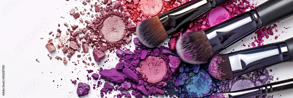 Poster a close-up image showcasing various makeup brushes covered in eyeshadow and blush, arranged on a whi