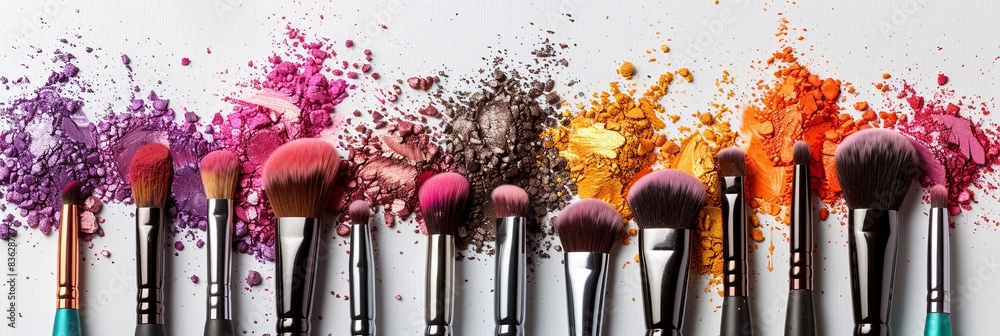 Aufkleber a close-up photo of makeup brushes covered in colorful eyeshadow and blush on a white background. ge