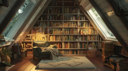 The attic has been converted into a quiet reading nook, with shelves of books, a comfy chair, and soft lighting.