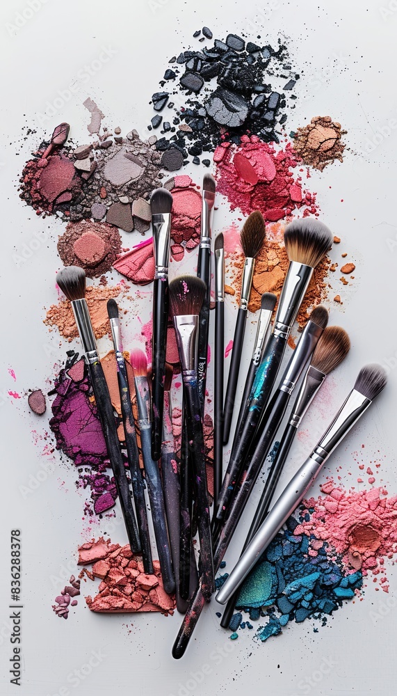 Poster a collection of makeup brushes with various colors of crushed eyeshadow and blush on a white backgro