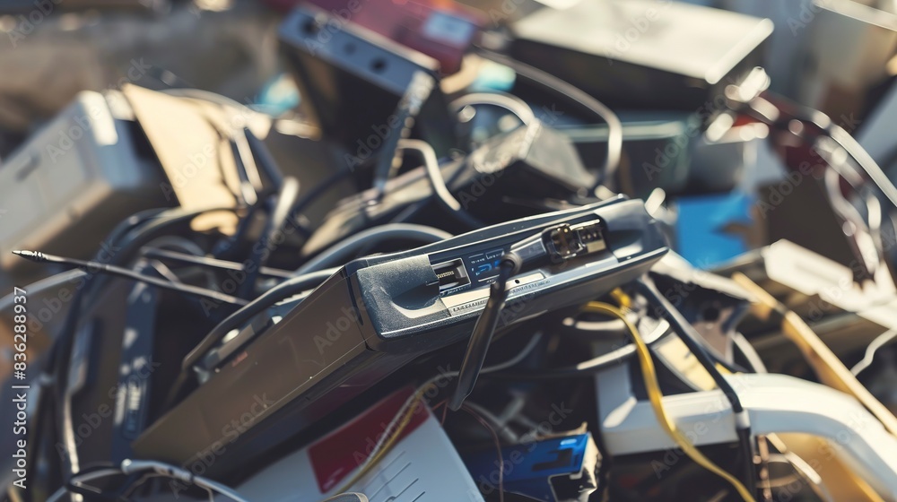 Sticker Close view of a pile of electronic waste at a collection drive, focus on assorted devices, sharp, outdoor light. 