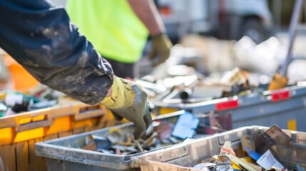 Macro of a worker labeling different bins for construction waste, detailed focus on labels, natural, outdoor light.