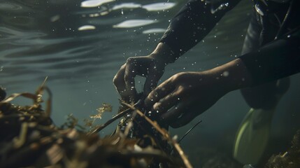 Obraz premium Close view of a diver collecting waste underwater, detailed focus on hands and debris, muted underwater light. 