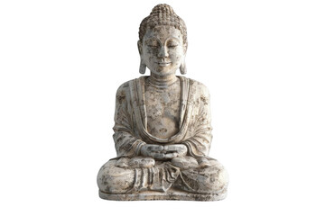 Obraz premium The photo shows a gray stone statue of Buddha sitting in a lotus position with his eyes closed in meditation, transparent background