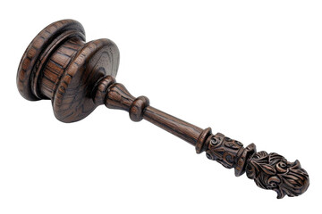 The photo shows a wooden gavel with a carved handle, transparent background