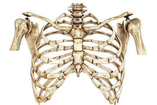 Human rib cage, sternum and shoulder bones, anterior view, transparent background