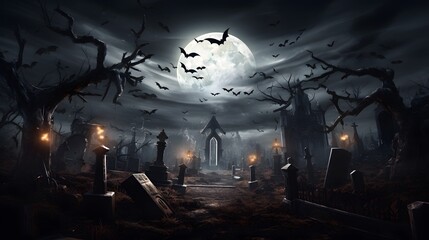 Obraz premium Halloween Night Mystery Graveyard Illustration
