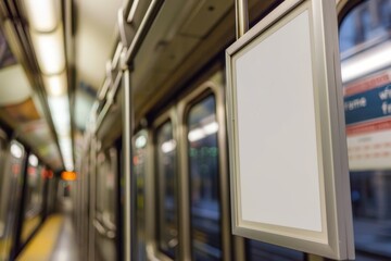 A train is passing by a billboard with a white sign