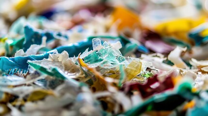 Macro of plastic flakes after shredding, detailed textures and colors, soft focus, bright light. 