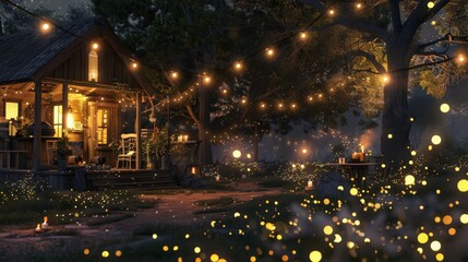 The soft glow of fireflies adds a touch of magic to a cozy backyard gathering under the night sky