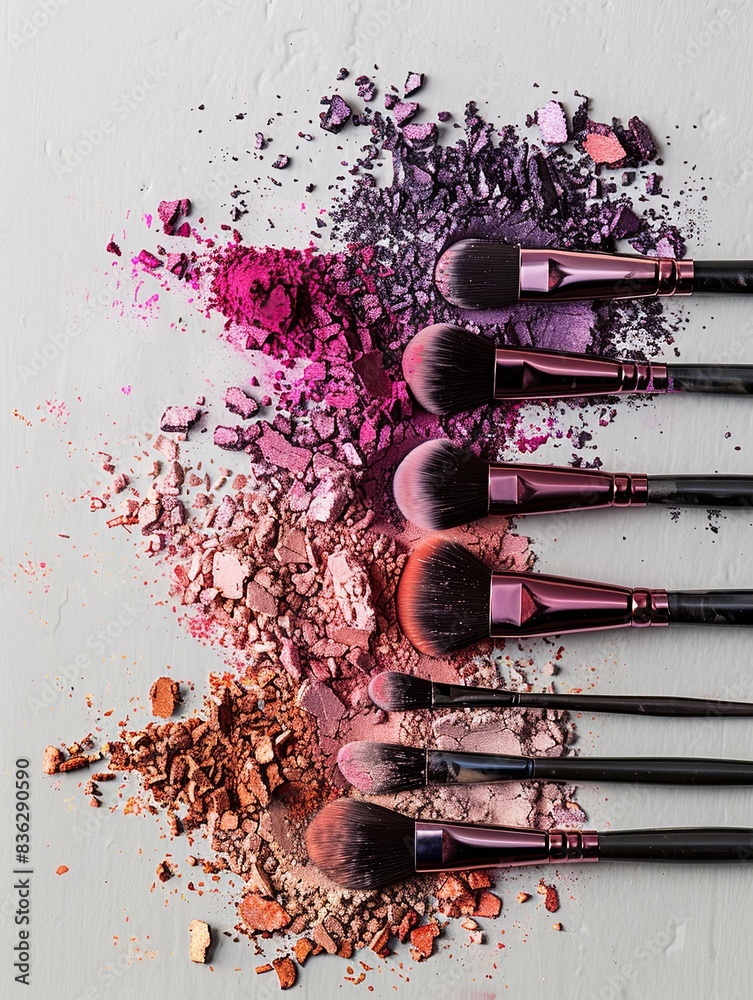 Poster makeup brushes with crushed eyeshadows and blushes on a white background. generative ai