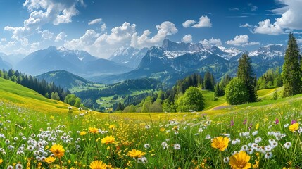 Fototapeta premium Idyllic mountain scenery in the Alps with blooming meadows in springtime
