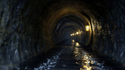 Naklejka premium A tunnel with a light source in the form of antique lamps, illuminating the interior space and casting a warm glow on the wet floor.