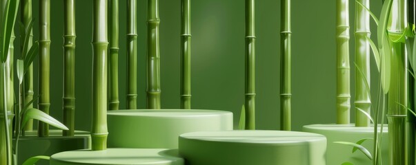 Green bamboo background with round and square platforms for product display