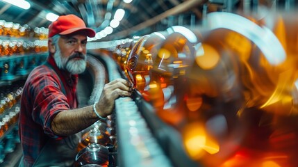 A focused man inspects bottles on a conveyor in an industrial brewery setting - Powered by Adobe