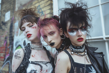 Edgy goth fashion with three women in dark makeup and leather jackets urban graffiti background punk aesthetic alternative style bold look street culture rebellious vibe