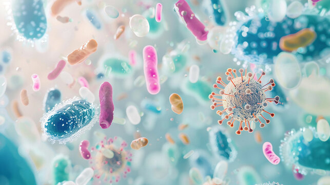 Abstract visualization of probiotics and gram positive bacteria mixed with various virus shapes  set against a light background  emphasizing microbial variety