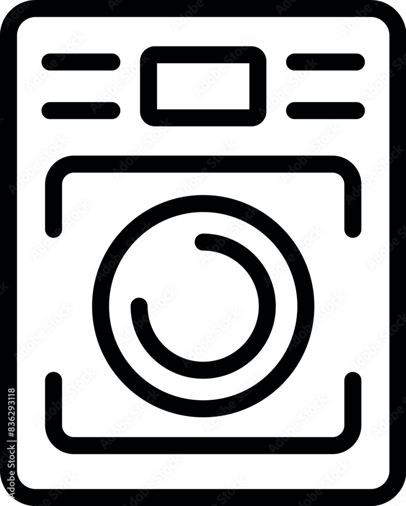 Poster black and white line art icon of a frontloading washing machine for web and mobile interfaces