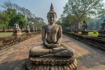 Fototapeta premium A statue of Buddha sits on a lotus flower in front of a large building