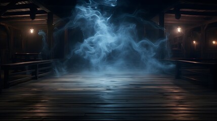 Background of empty dark scene with wooden old floor. Neon light smoke. Dark abstract background. Night wooden table. 